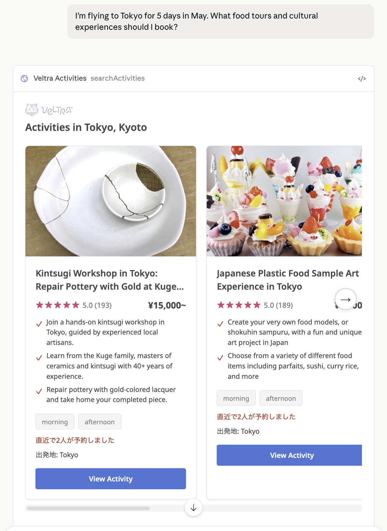 Veltra search results rendered inside an AI chat client.